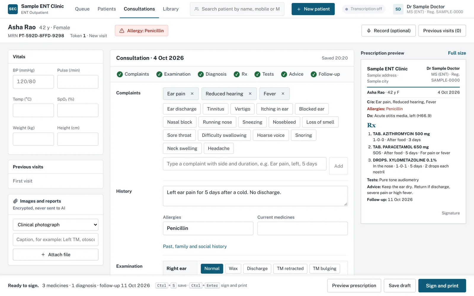 The consultation pad: a patient strip with a penicillin allergy flag, vitals, complaints picked with one click, history, and a live prescription preview on the right.